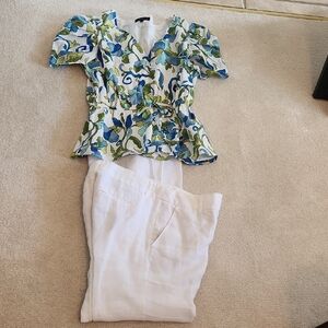 Womens Bundle Floral Blouse and White Pants Set.